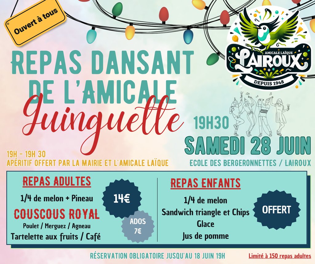 RESERVATION REPAS DANSANT 28 JUIN 2025 - AMICALE LAIQUE LAIROUX RESERVATION REPAS DANSANT 28 JUIN 2025 - AMICALE LAIQUE LAIROUX